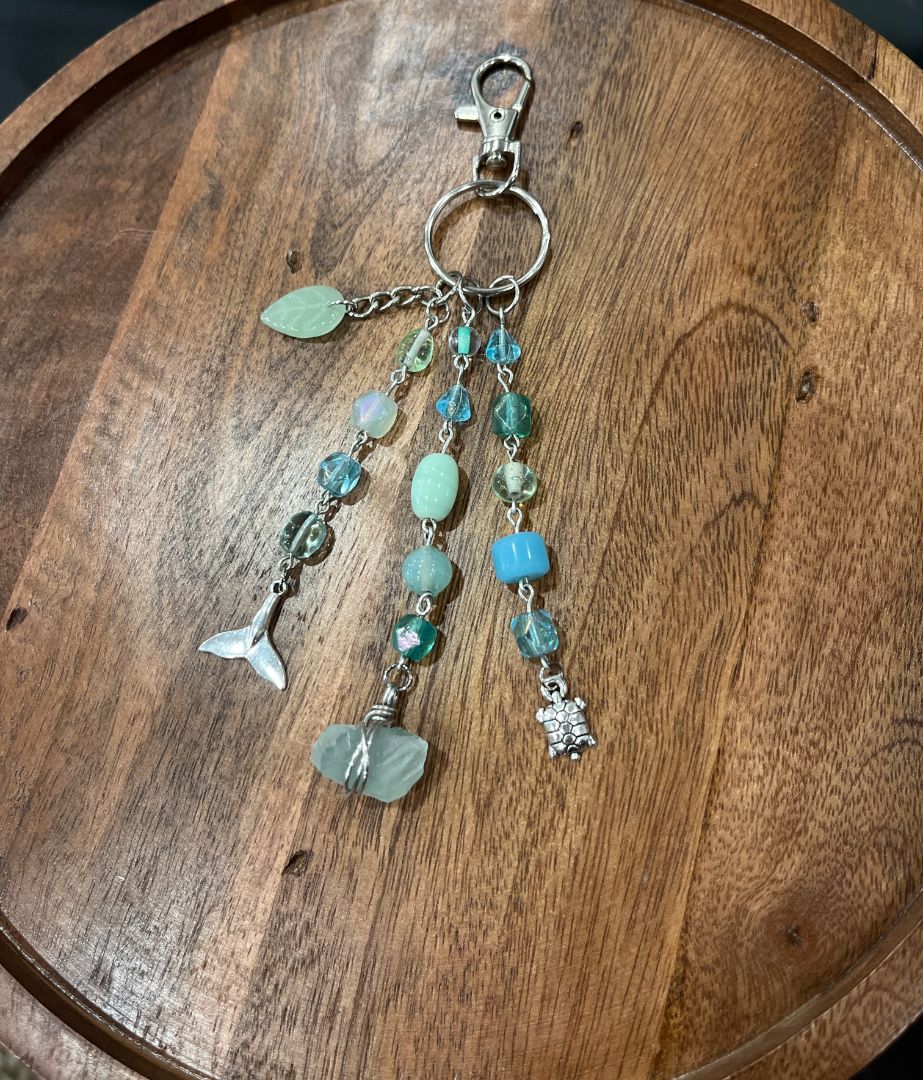 Blue & Green "Sea Glass" Inspired Beaded Dangle Bag Charm/Keychain