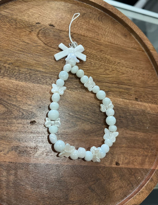 White Chunky Bow & Butterfly Beaded Phone Charm | Handmade