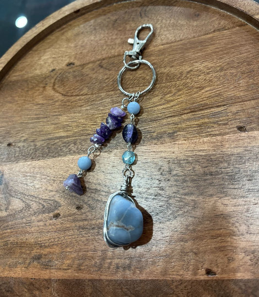 Wire-Wrapped Angelite & Amethyst Chip Communication Beaded DangleBag Charm/Keychain