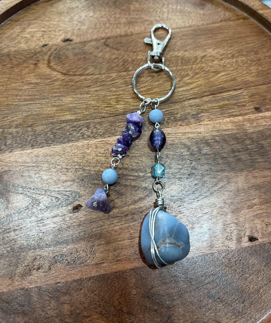 Wire-Wrapped Angelite & Amethyst Chip Communication Beaded DangleBag Charm/Keychain