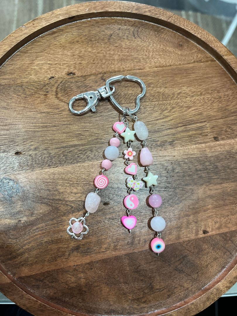 Rose Quartz + Chunky Pink Beaded Dangle Bag Charm/Keychain