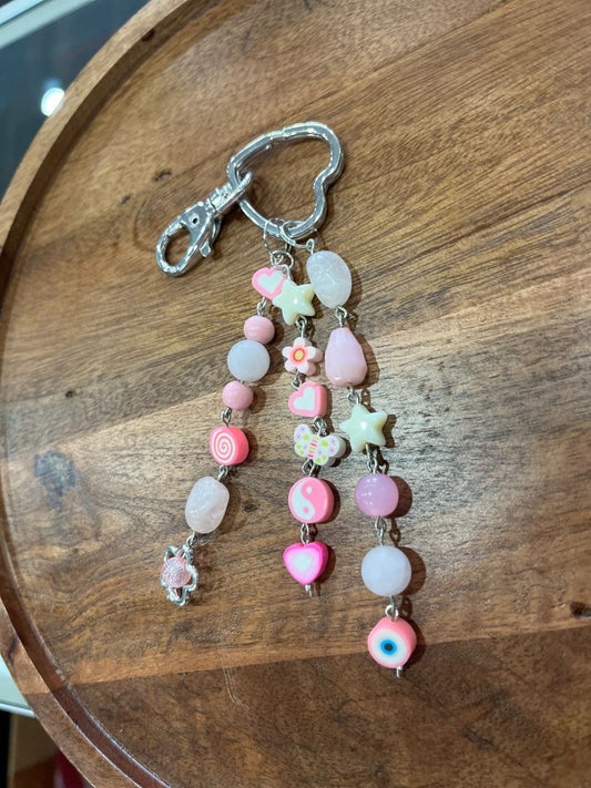 Rose Quartz + Chunky Pink Beaded Dangle Bag Charm/Keychain