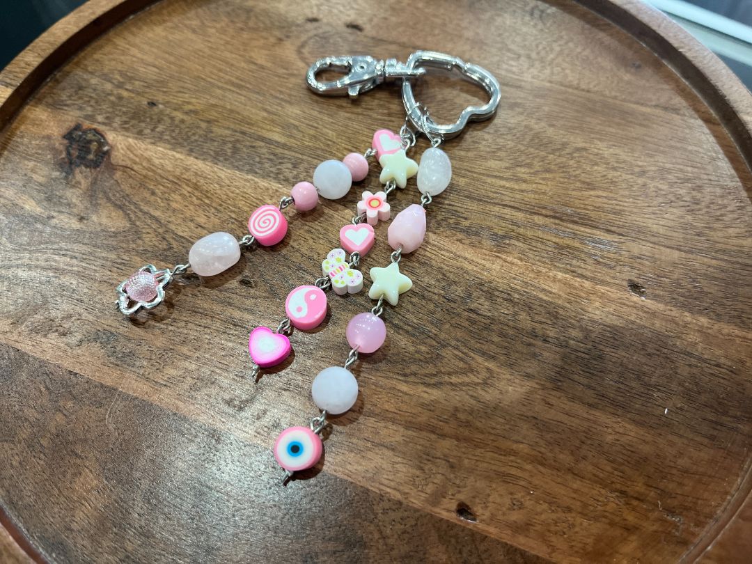 Rose Quartz + Chunky Pink Beaded Dangle Bag Charm/Keychain