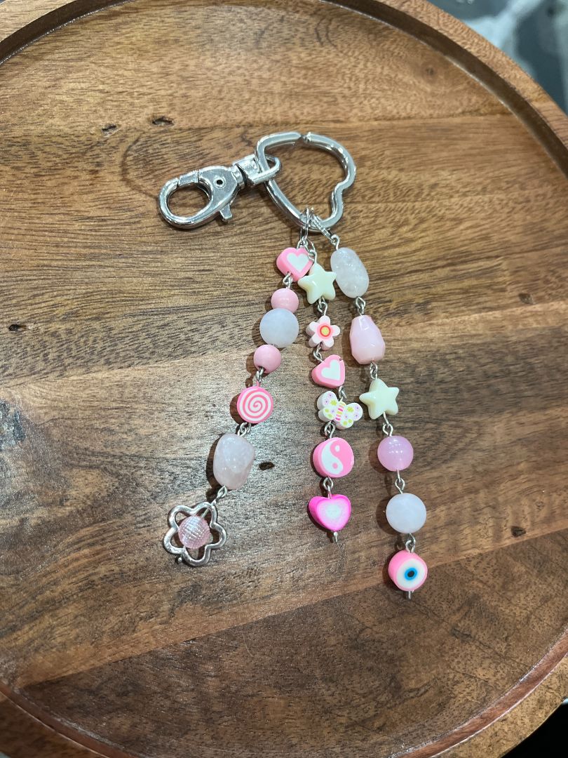 Rose Quartz + Chunky Pink Beaded Dangle Bag Charm/Keychain