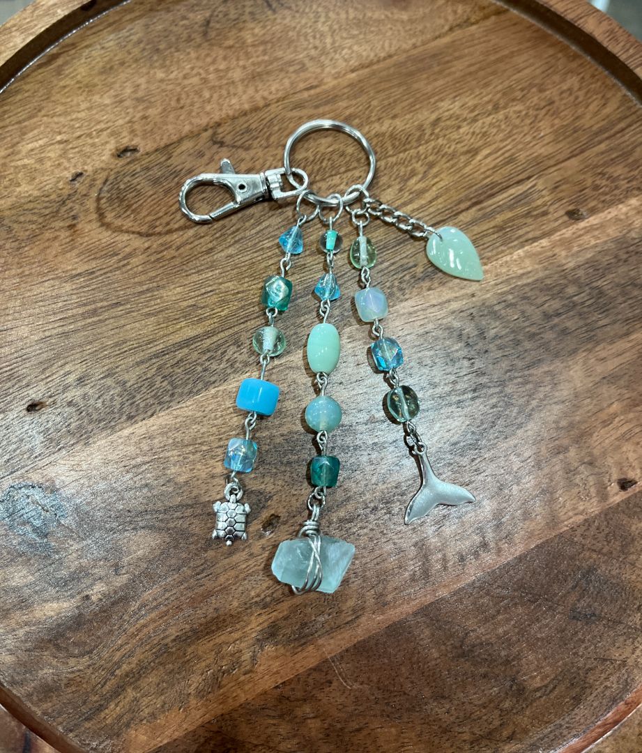 Blue & Green "Sea Glass" Inspired Beaded Dangle Bag Charm/Keychain