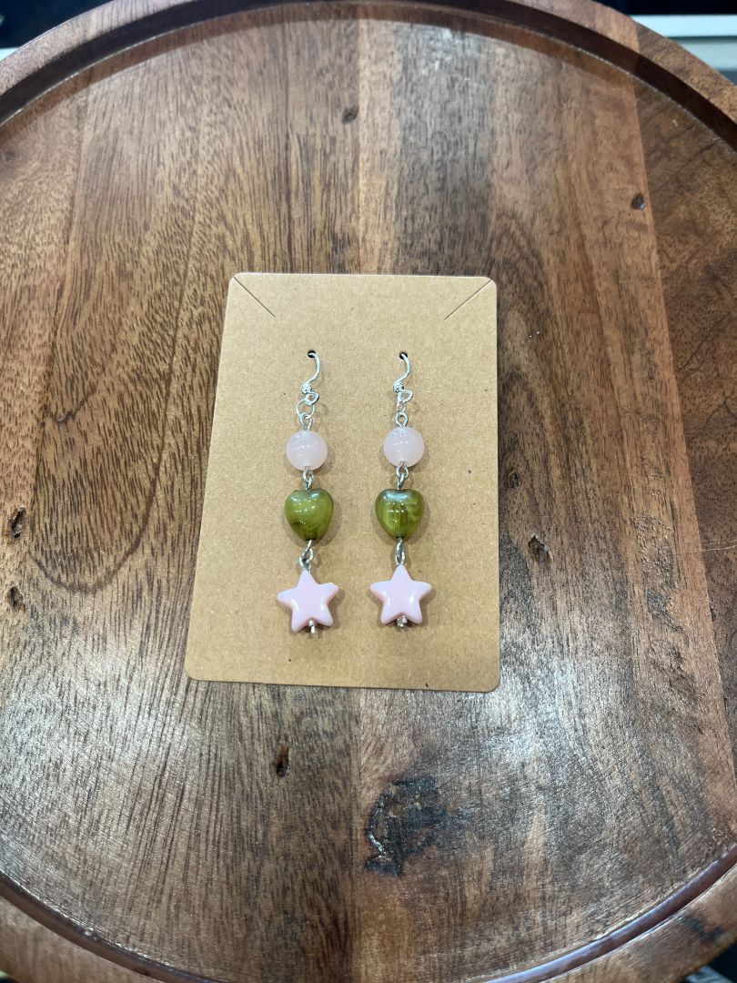 Pink & Green Star Dangle Beaded Wire Loop Earrings