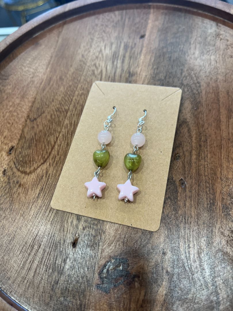 Pink & Green Star Dangle Beaded Wire Loop Earrings