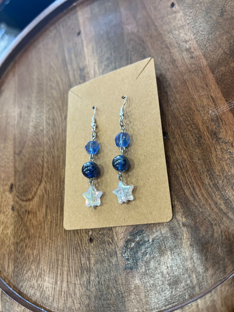 Dark Blue & Star Dangle Beaded Wire Loop Earrings