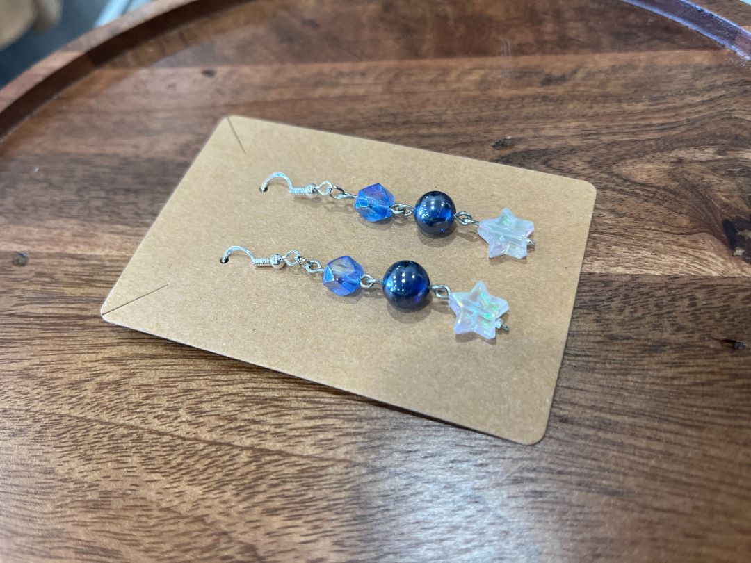 Dark Blue & Star Dangle Beaded Wire Loop Earrings