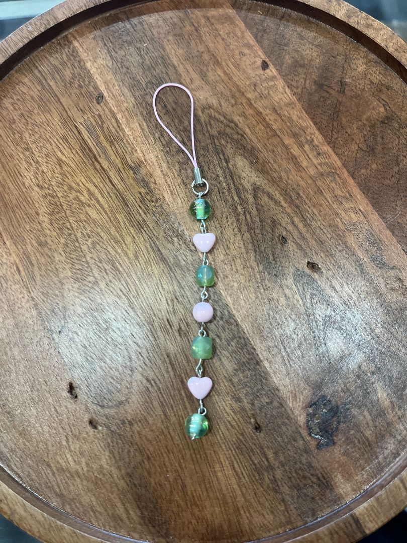 Green/Pink Dangle Beaded Wire Loop Phone Charm