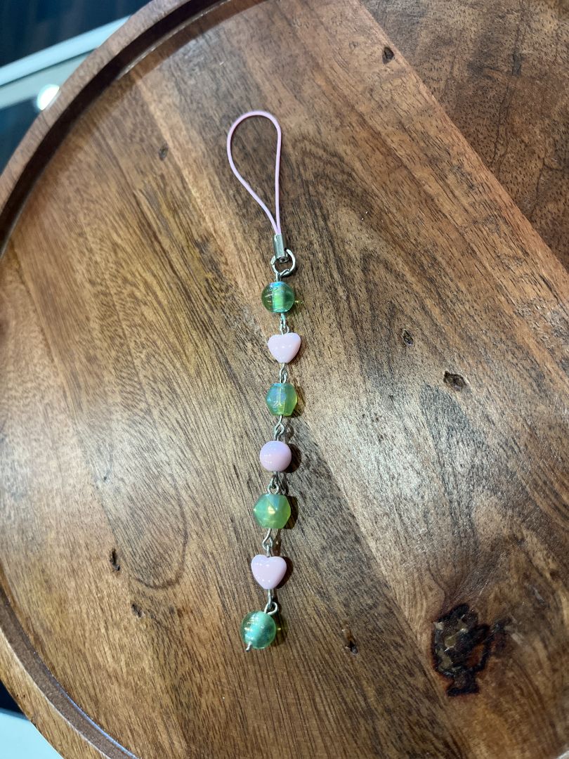 Green/Pink Dangle Beaded Wire Loop Phone Charm