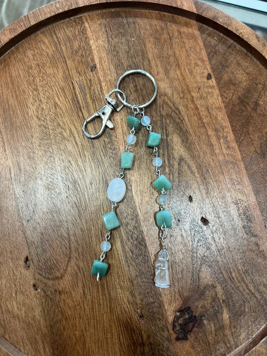 Clear Quartz & Green Aventurine Dangle Beaded Wire Loop Bag Charm/Keychain