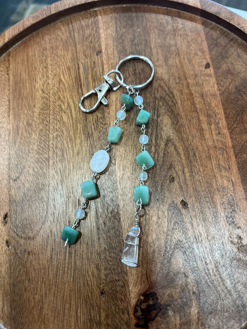 Clear Quartz & Green Aventurine Dangle Beaded Wire Loop Bag Charm/Keychain