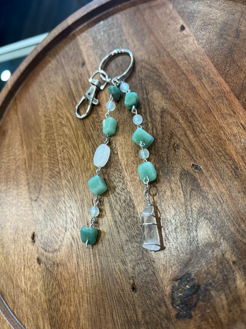 Clear Quartz & Green Aventurine Dangle Beaded Wire Loop Bag Charm/Keychain