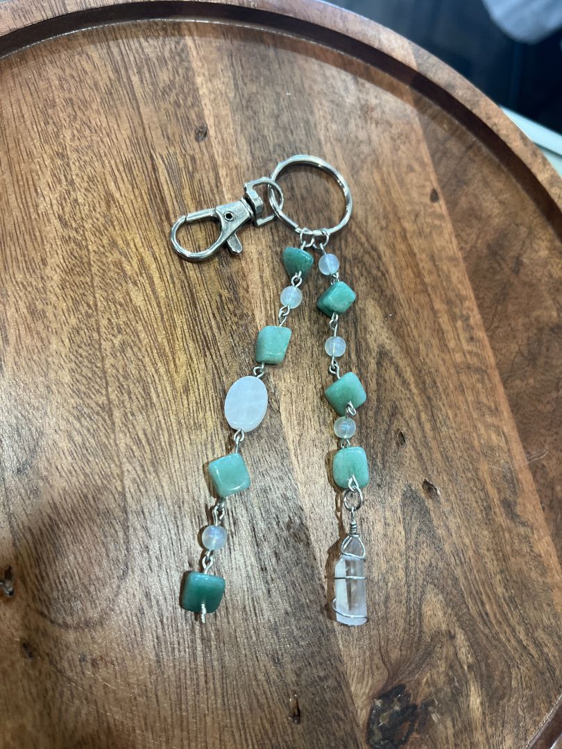 Clear Quartz & Green Aventurine Dangle Beaded Wire Loop Bag Charm/Keychain