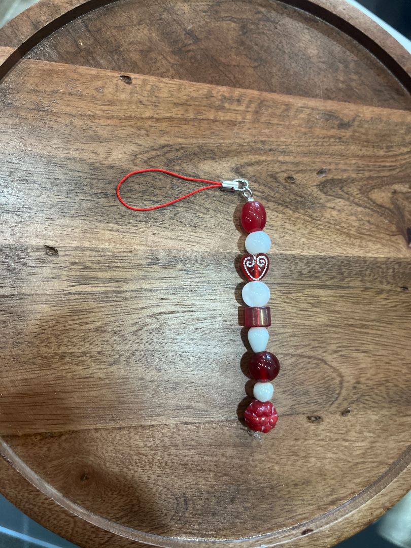 Red & White Chunky Beaded Dangle Phone Charm