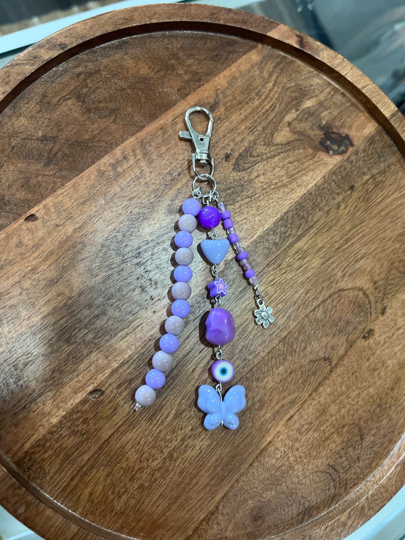 Chunky Purple Beaded Bag Charm/Keychain w/ Butterfly & Flower