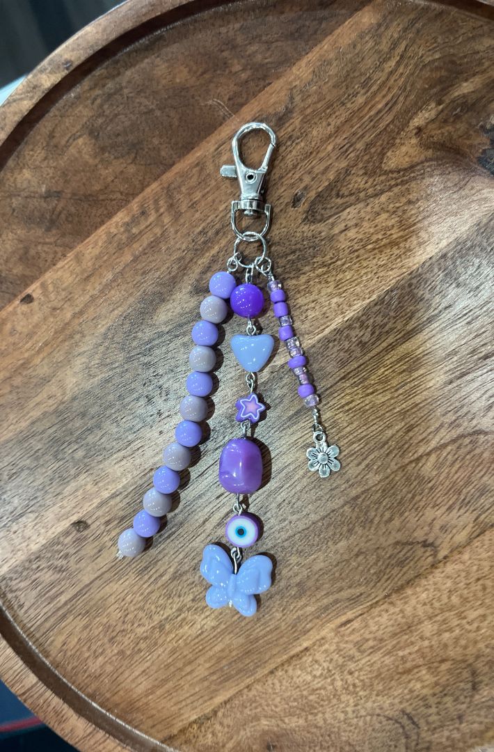 Chunky Purple Beaded Bag Charm/Keychain w/ Butterfly & Flower