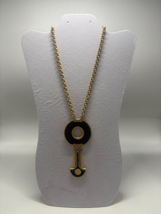 Vintage 1980s Black/Gold Enamel Modernist Pendant Necklace