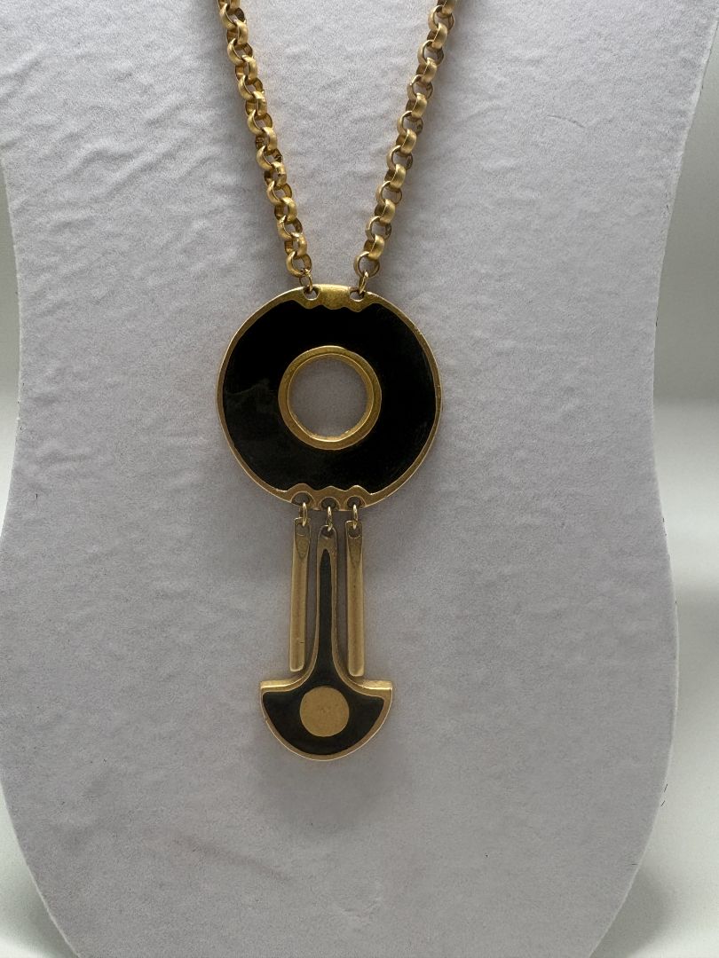 Vintage 1980s Black/Gold Enamel Modernist Pendant Necklace