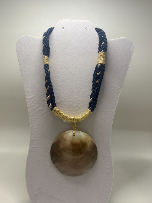 Vintage 1980s Navy Blue Braided Cord Mother-Of-Pearl Shell Pendant Necklace