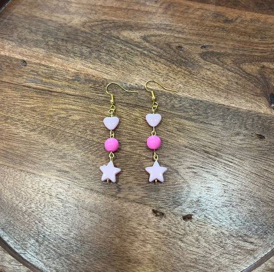 Two-Toned Pink Heart & Star Gold Wire Earrings