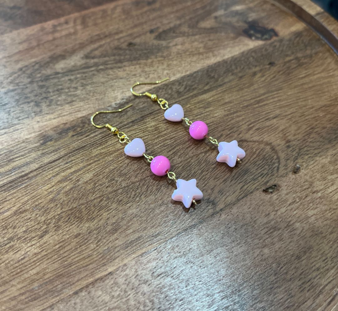 Two-Toned Pink Heart & Star Gold Wire Earrings