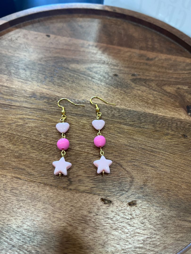 Two-Toned Pink Heart & Star Gold Wire Earrings