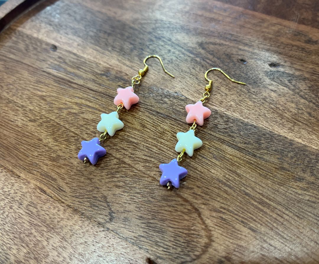 Triple Star Pastel Bead Gold Wire Loop Earrings