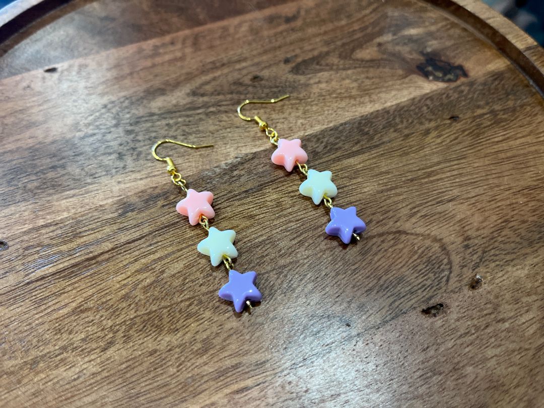 Triple Star Pastel Bead Gold Wire Loop Earrings