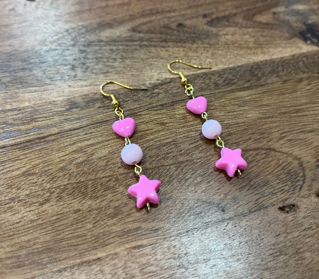 Hot & Light Pink Star + Heart Gold Wire Earrings