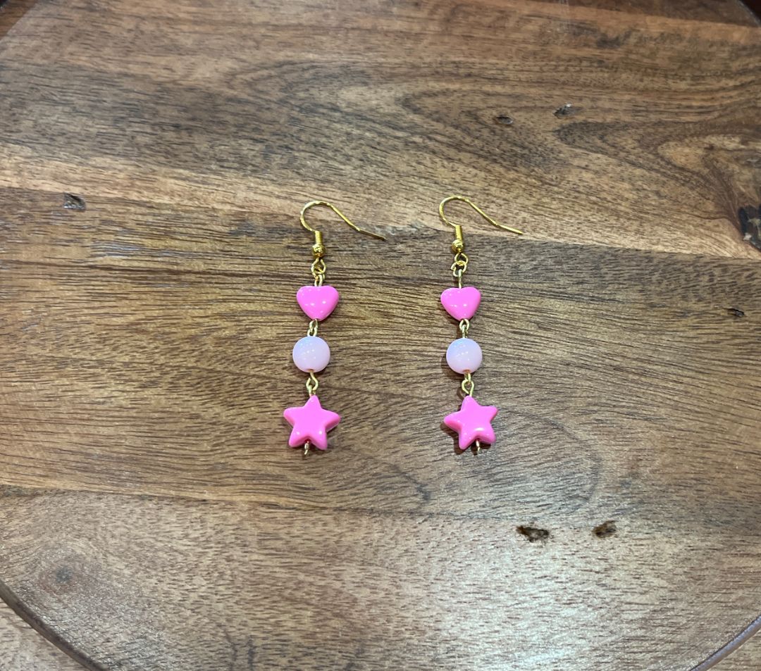 Hot & Light Pink Star + Heart Gold Wire Earrings