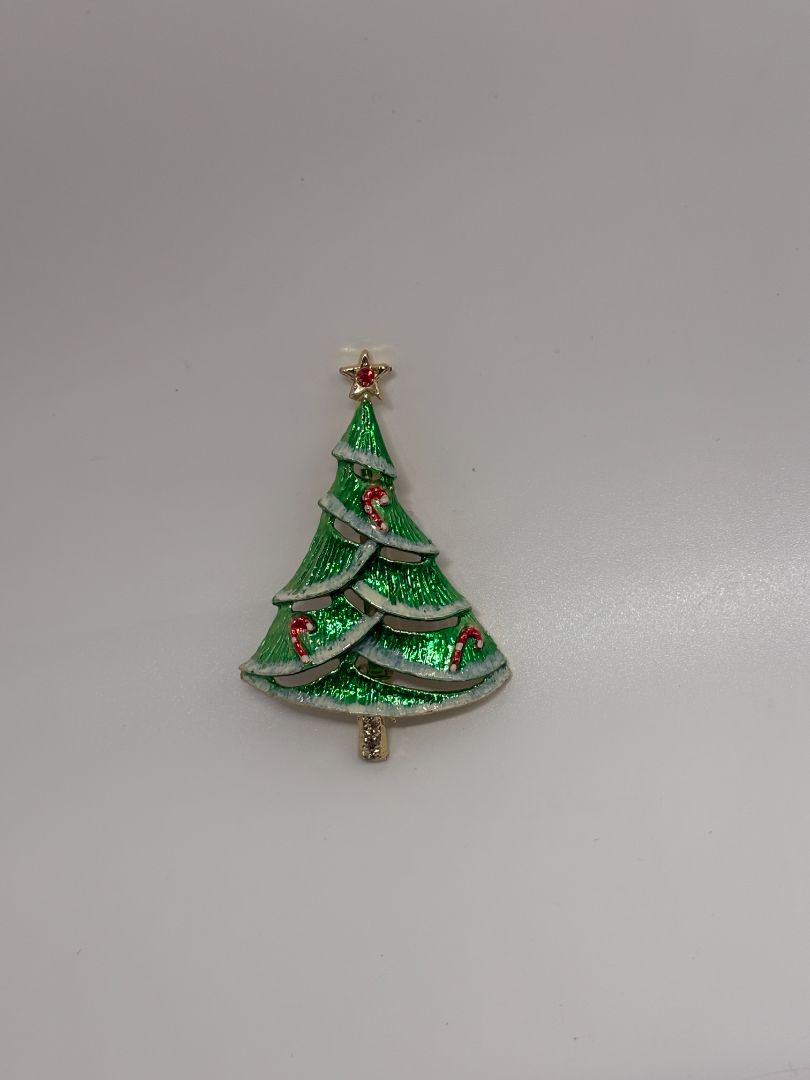 Signed BJ Green/Gold Vintage Mid-Century 1960s/1970s Christmas Tree Brooch Pin
