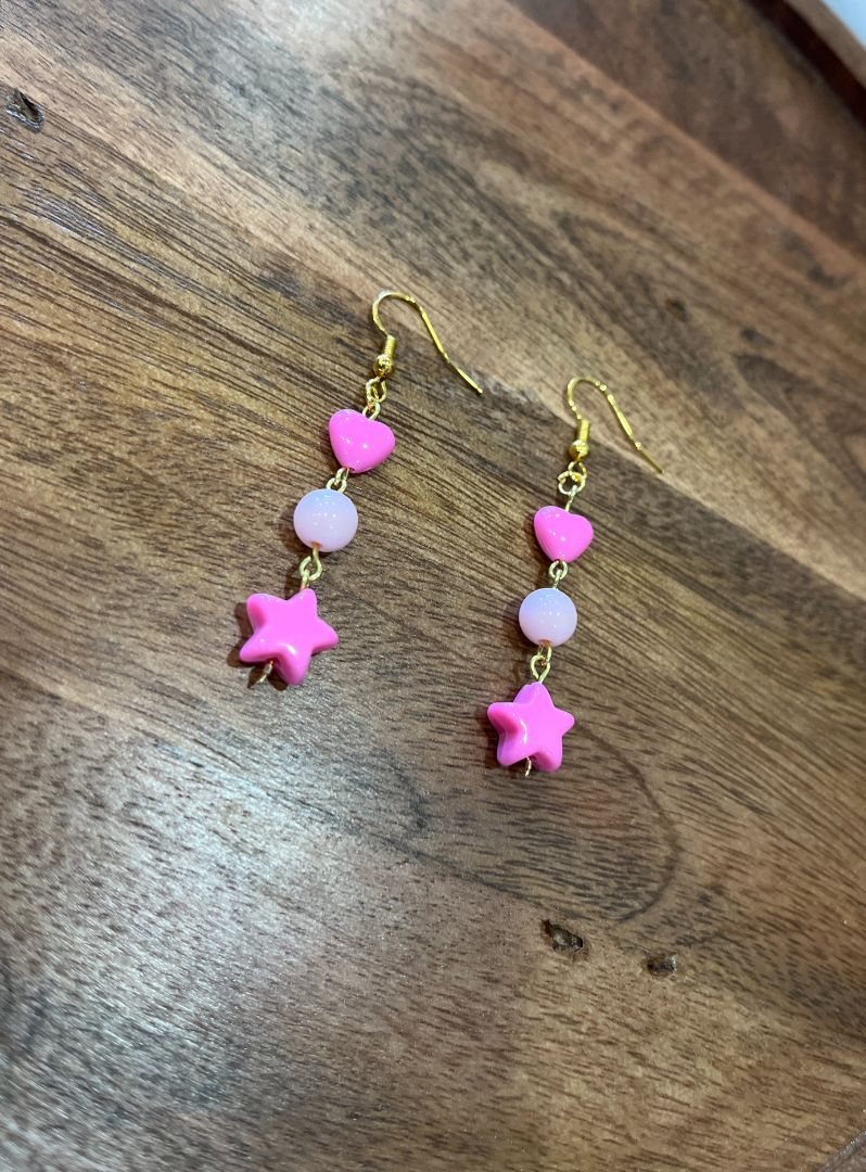 Hot & Light Pink Star + Heart Gold Wire Earrings