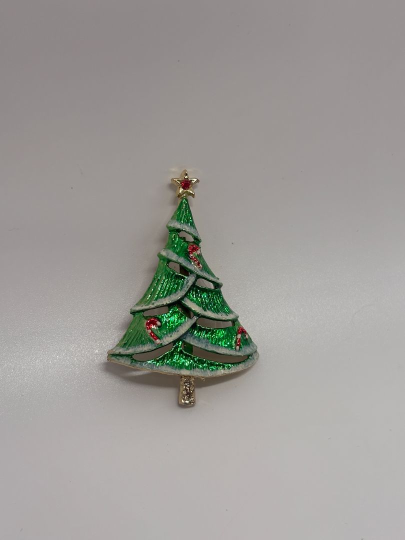 Signed BJ Green/Gold Vintage Mid-Century 1960s/1970s Christmas Tree Brooch Pin