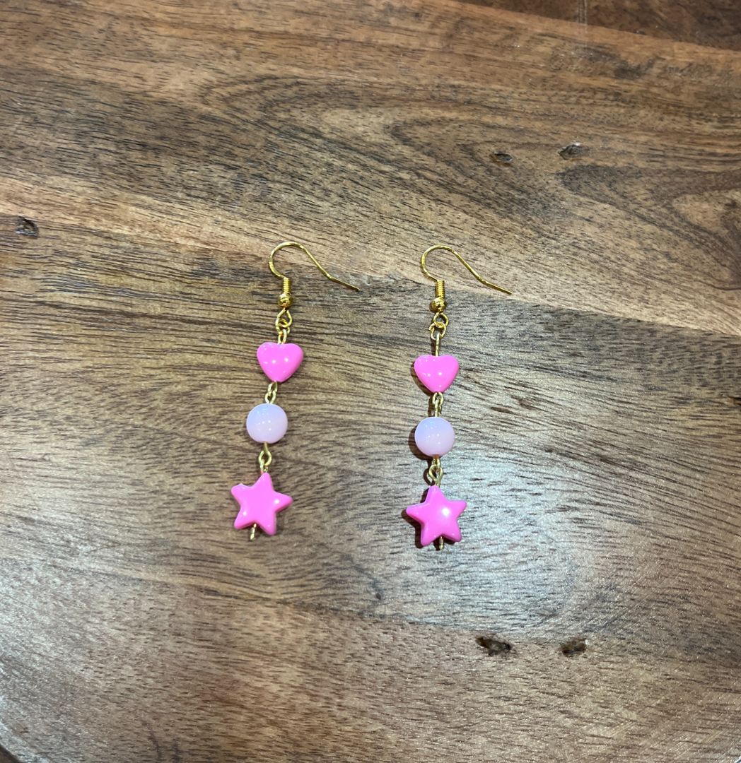 Hot & Light Pink Star + Heart Gold Wire Earrings