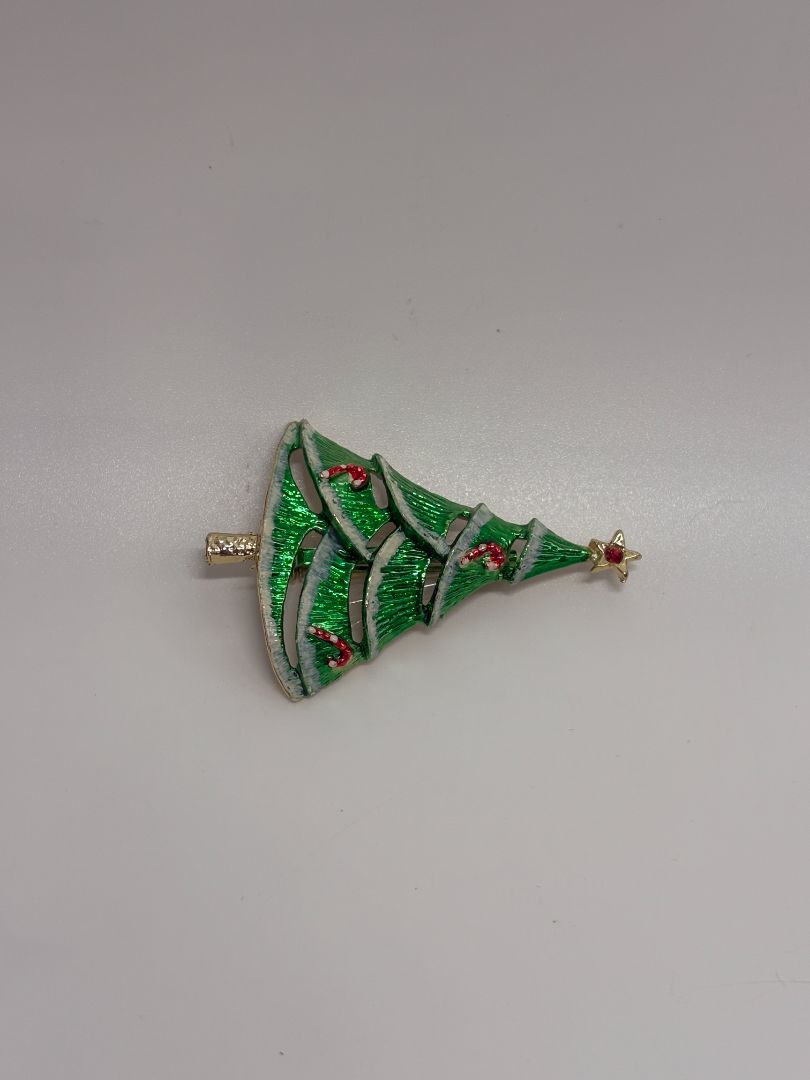 Signed BJ Green/Gold Vintage Mid-Century 1960s/1970s Christmas Tree Brooch Pin