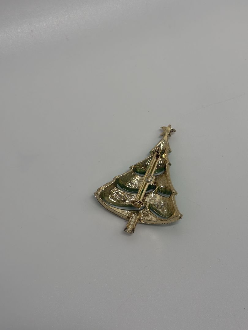 Signed BJ Green/Gold Vintage Mid-Century 1960s/1970s Christmas Tree Brooch Pin