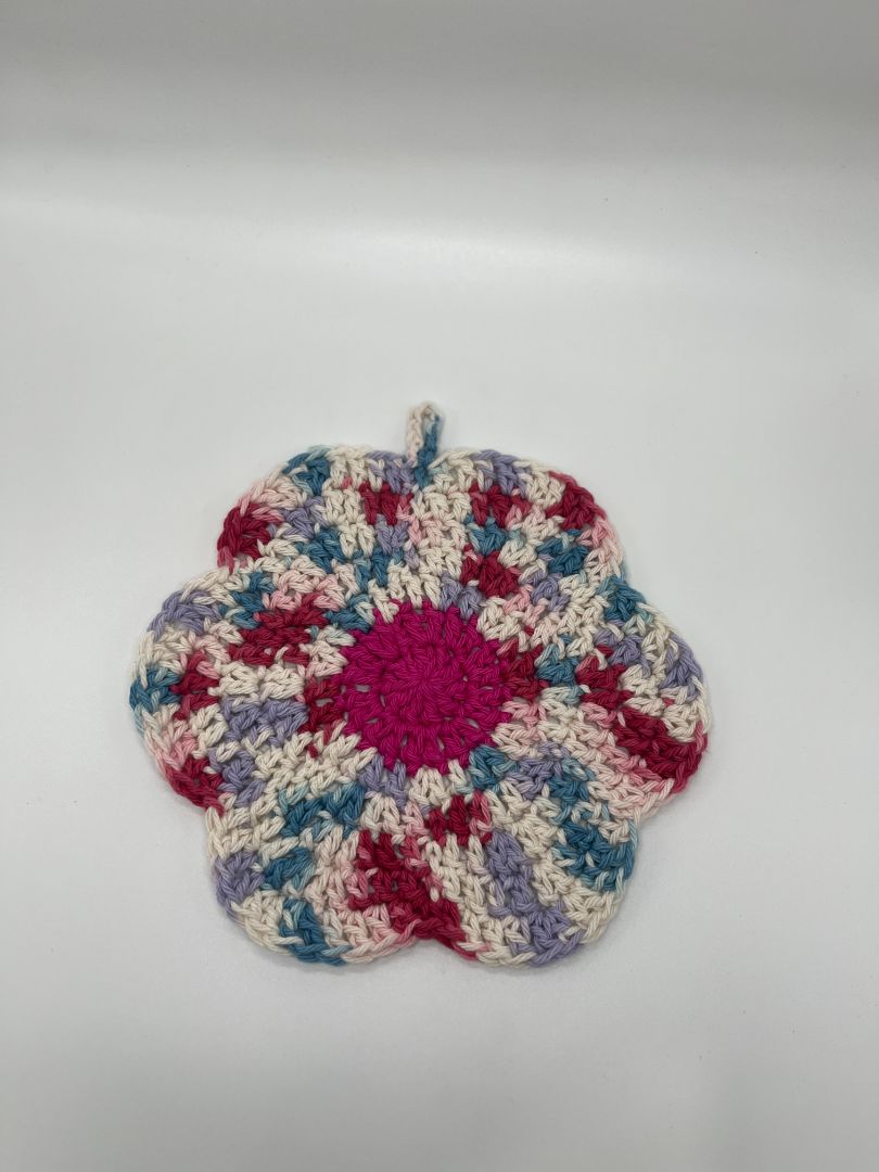 Pink Center Flower Crochet Cotton Dishcloth | Handmade