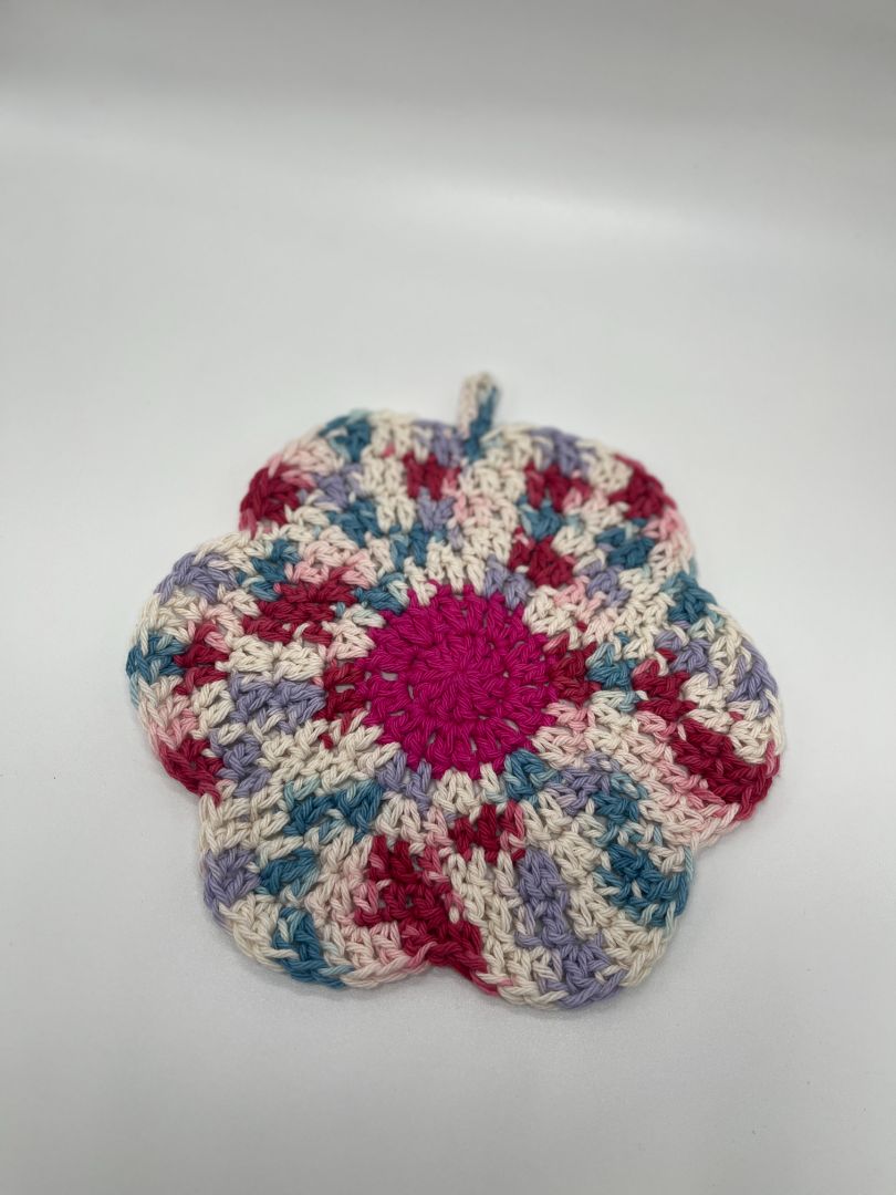 Pink Center Flower Crochet Cotton Dishcloth | Handmade