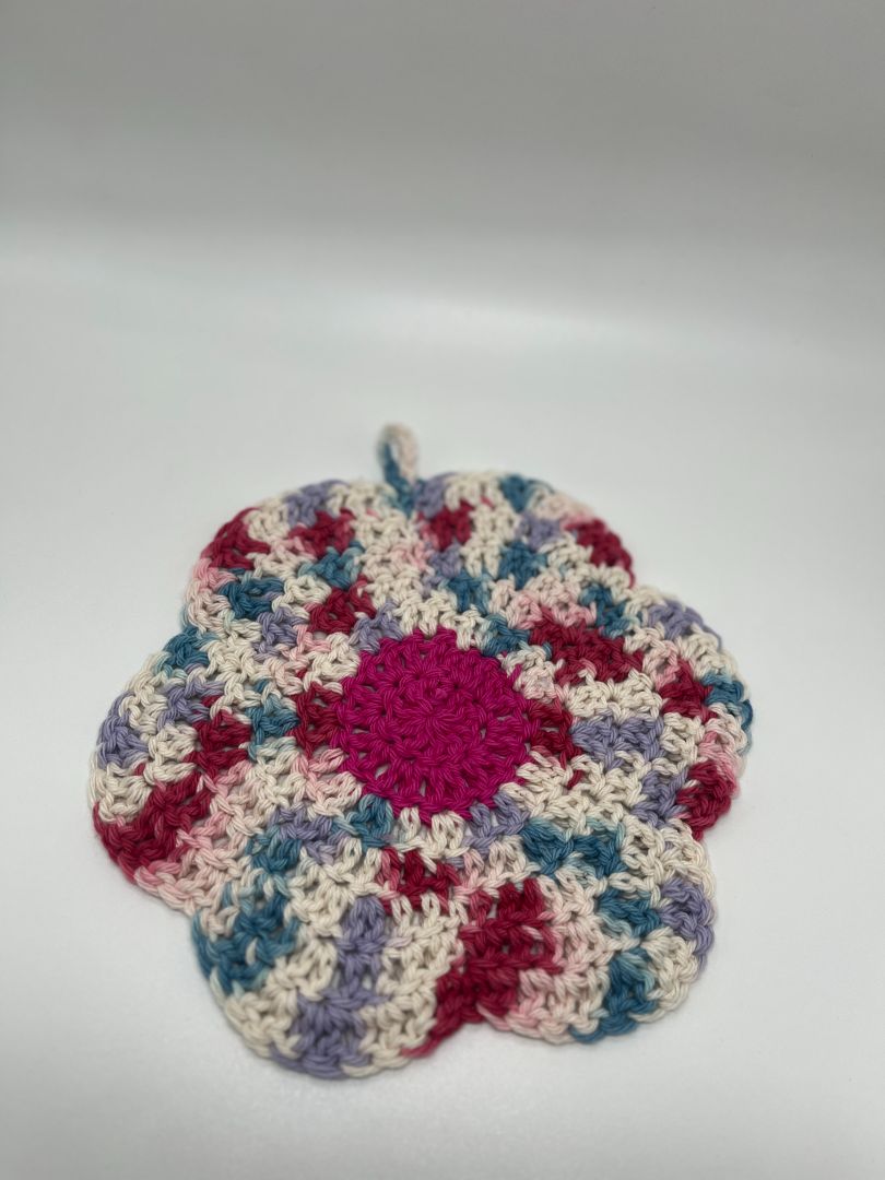 Pink Center Flower Crochet Cotton Dishcloth | Handmade