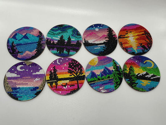 Handmade Rhinestone Coasters "Landscapes" 8 Piece Set