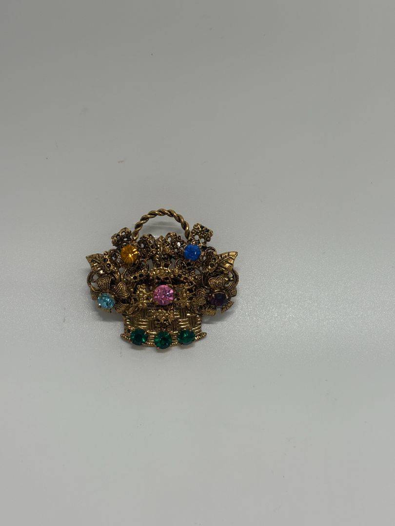 Gold-Tone Vintage Rhinestone Flower Basket 1950s/1960s Brooch Pin