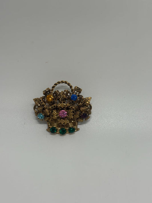Gold-Tone Vintage Rhinestone Flower Basket 1950s/1960s Brooch Pin