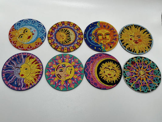 Handmade Rhinestone Coasters "Moon & Sun" 8 Piece Set