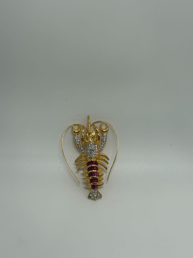 Gold-Tone Vintage Rhinestone 1990s Lobster Figural Brooch Pin