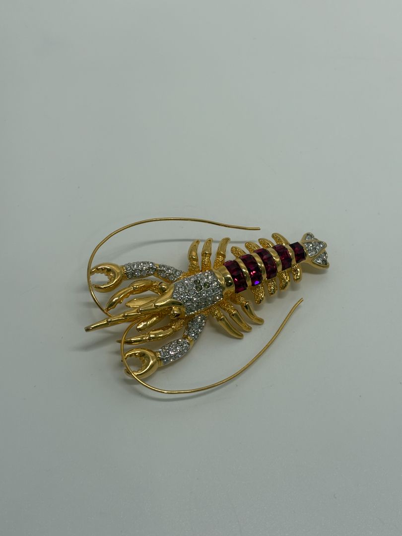 Gold-Tone Vintage Rhinestone 1990s Lobster Figural Brooch Pin
