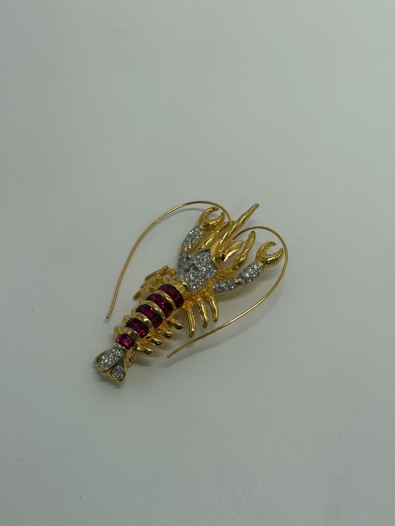 Gold-Tone Vintage Rhinestone 1990s Lobster Figural Brooch Pin