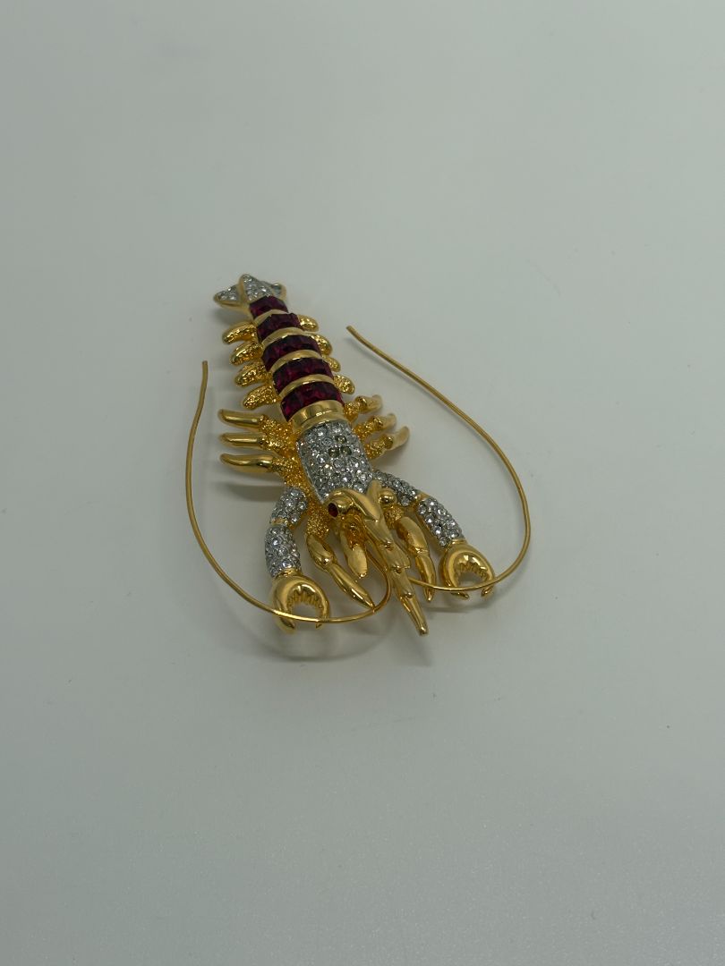 Gold-Tone Vintage Rhinestone 1990s Lobster Figural Brooch Pin