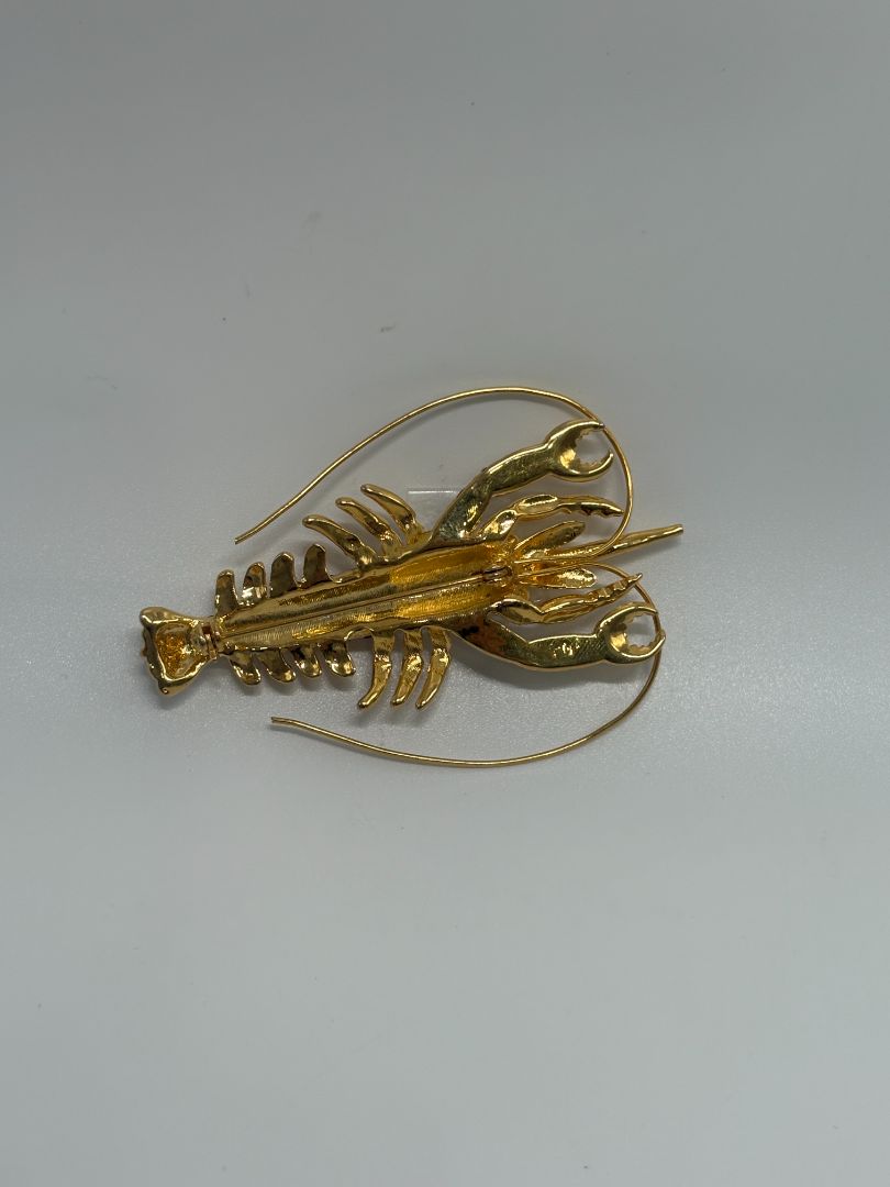Gold-Tone Vintage Rhinestone 1990s Lobster Figural Brooch Pin